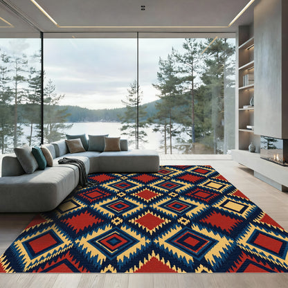 Bold Red Indigo Geometric Diamond Rug