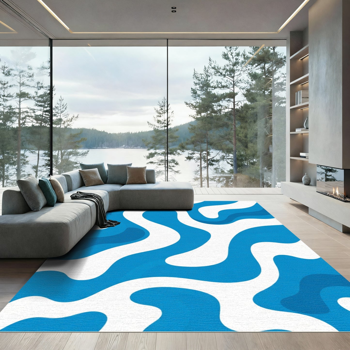 Deep Blue Abstract Organic Flow Rug