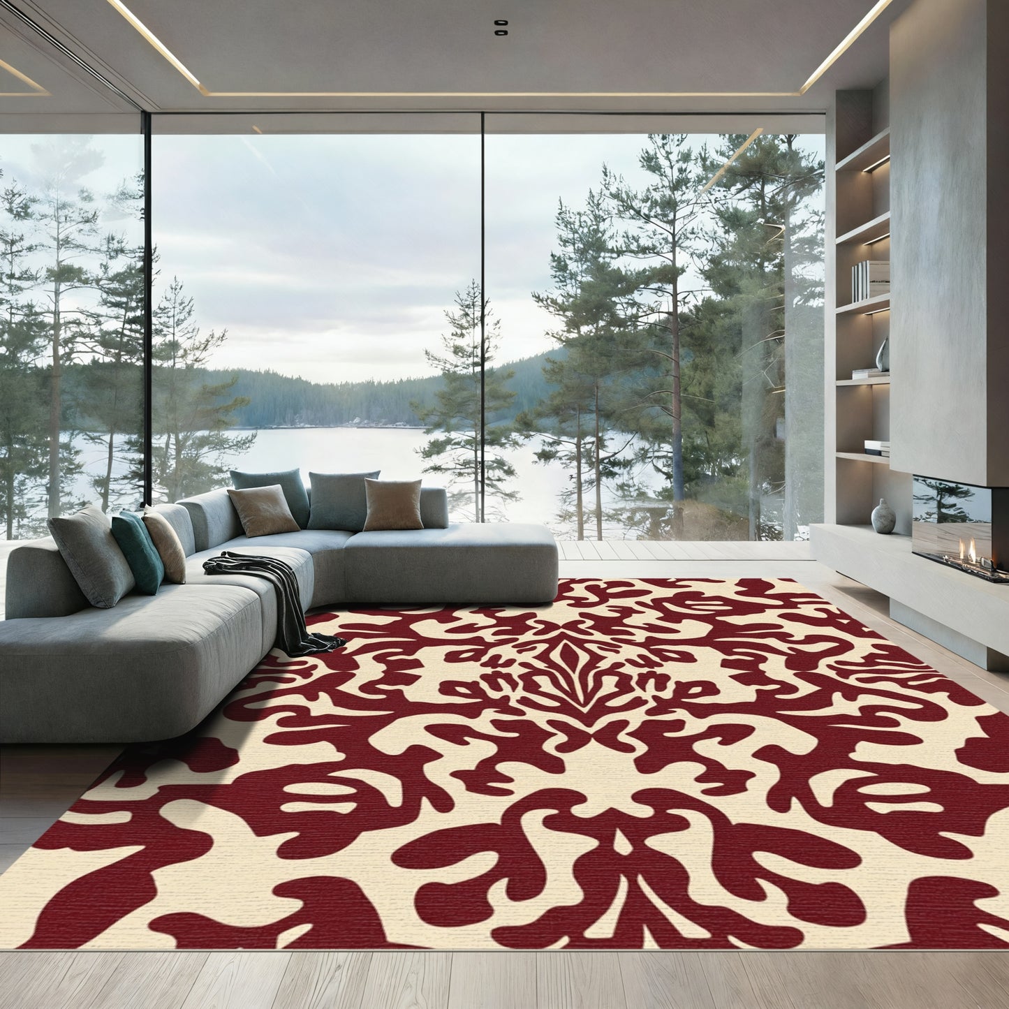 Deep Red Baroque Swirl Rug