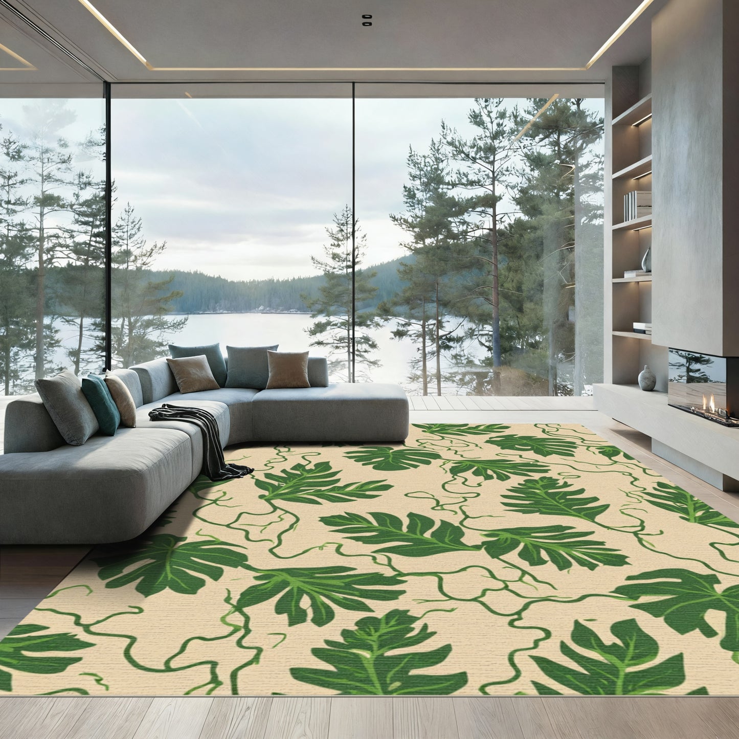 Green Leafy Vines On Beige Canvas Rug