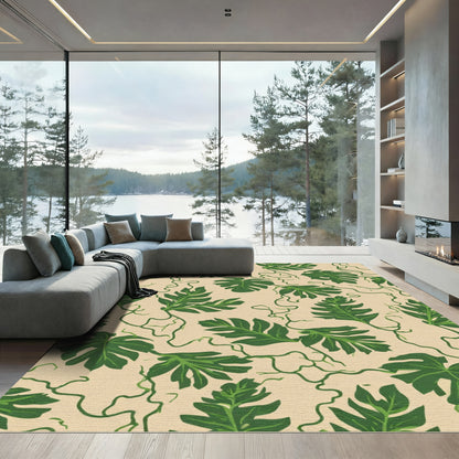Green Leafy Vines On Beige Canvas Rug