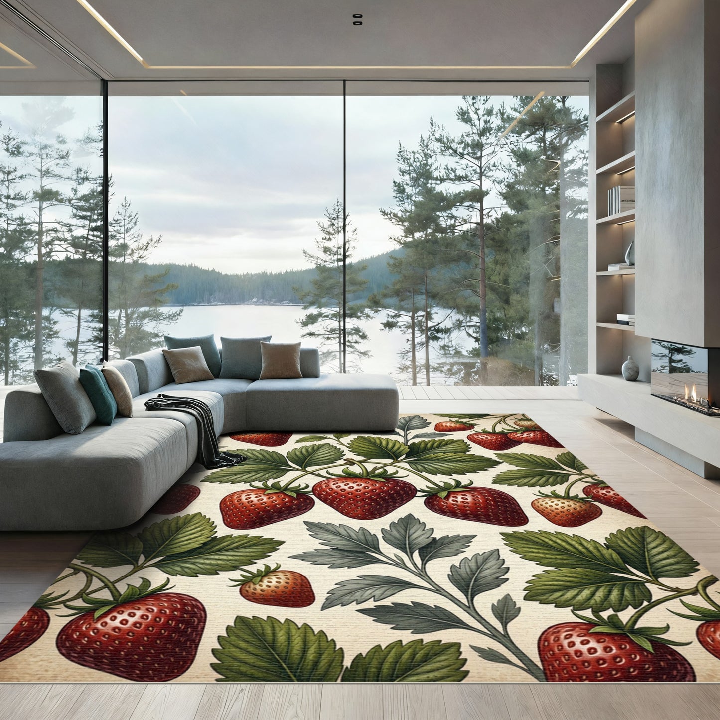 Classic Botanical Strawberry Herbaceous Illustration Rug