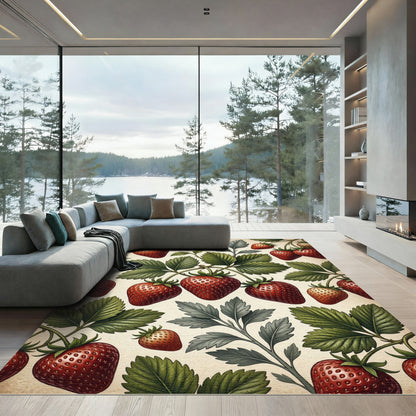 Classic Botanical Strawberry Herbaceous Illustration Rug