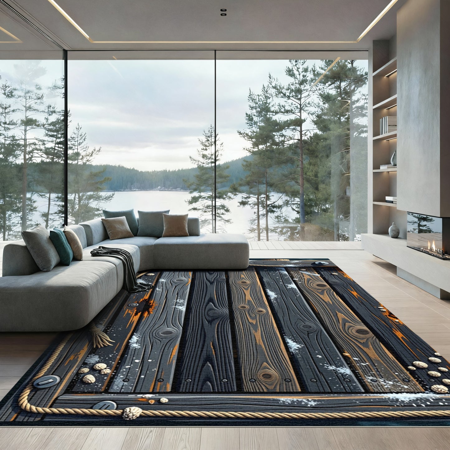 Dark Wood Plank Rope Border Rug