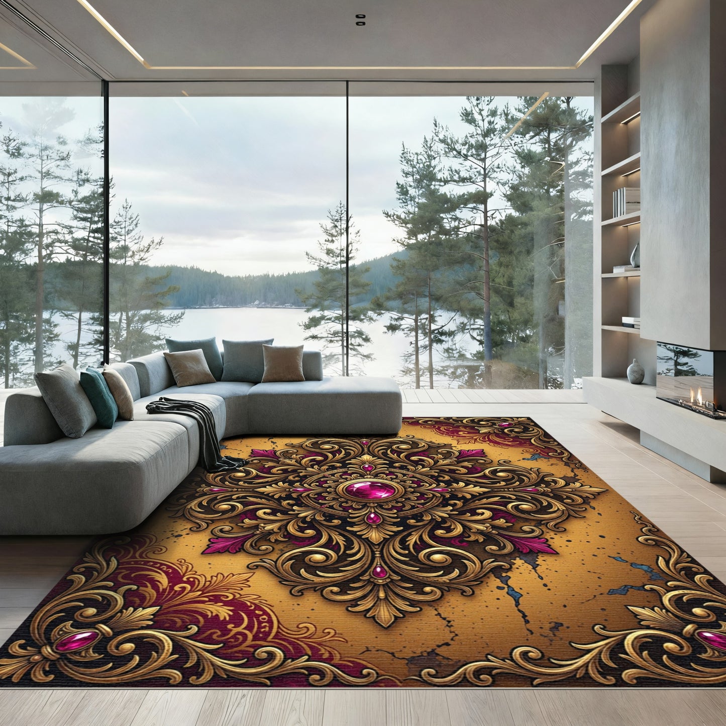 Ornate Golden Jewel Baroque Filigree Rug