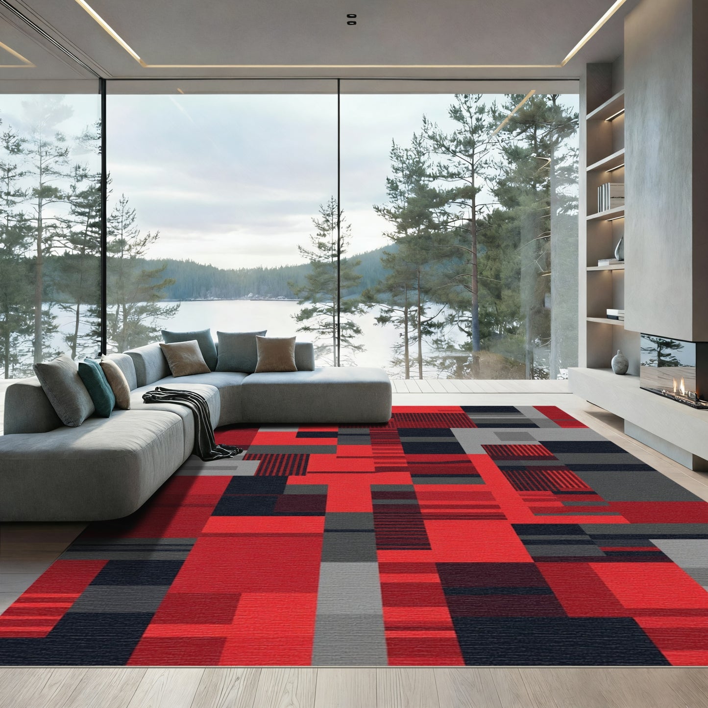 Red Black Gray Geometric Composition Rug