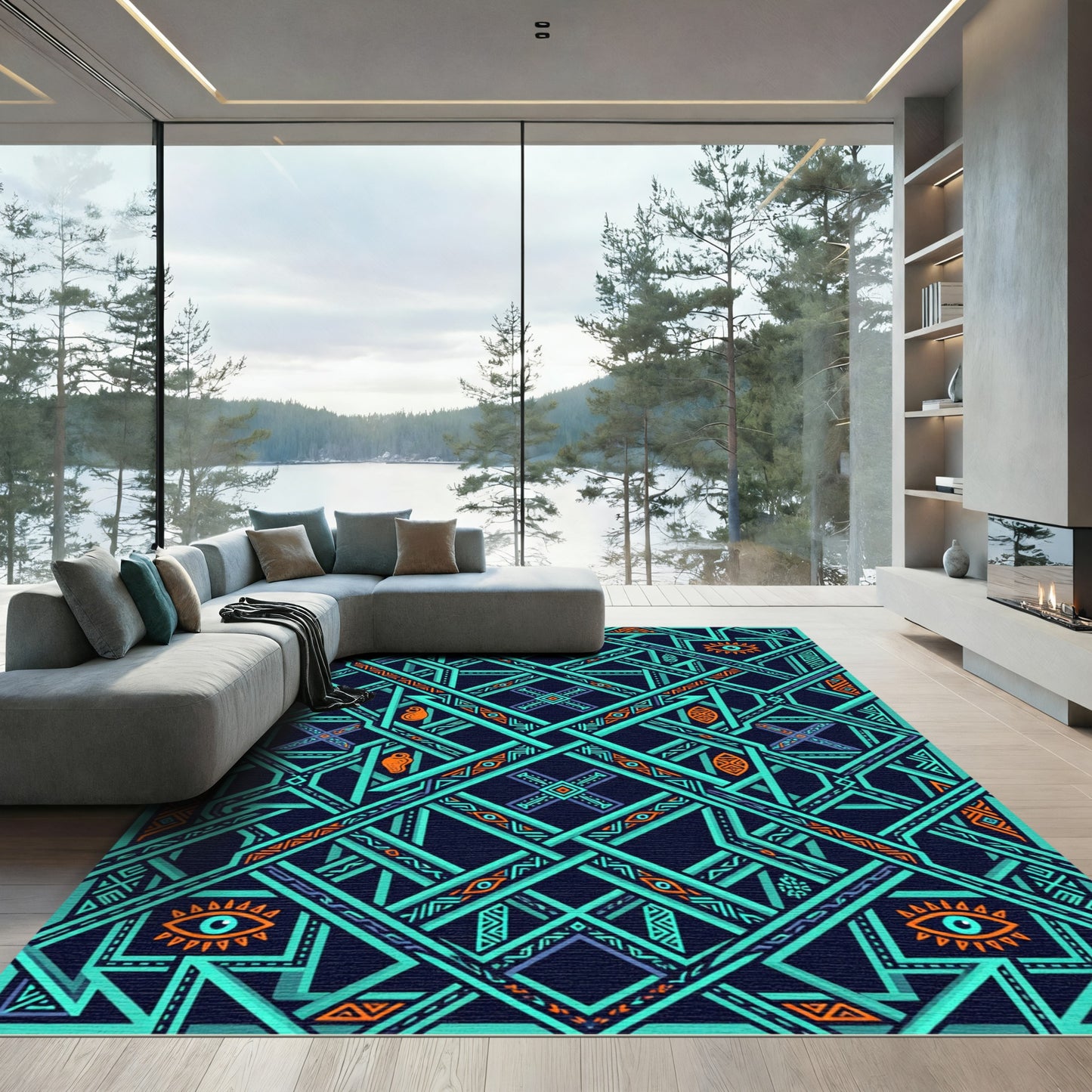 Teal Orange Geometric Interlocking Eye Rug