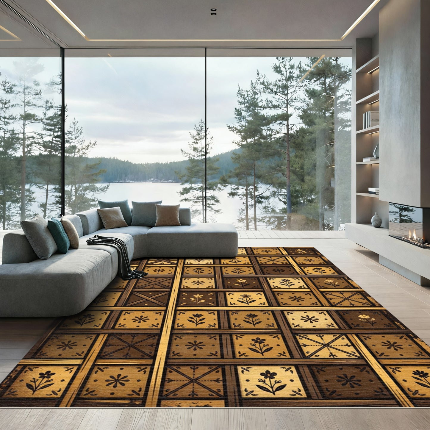 Sepia Floral Grid Apothecary Art Tile Rug