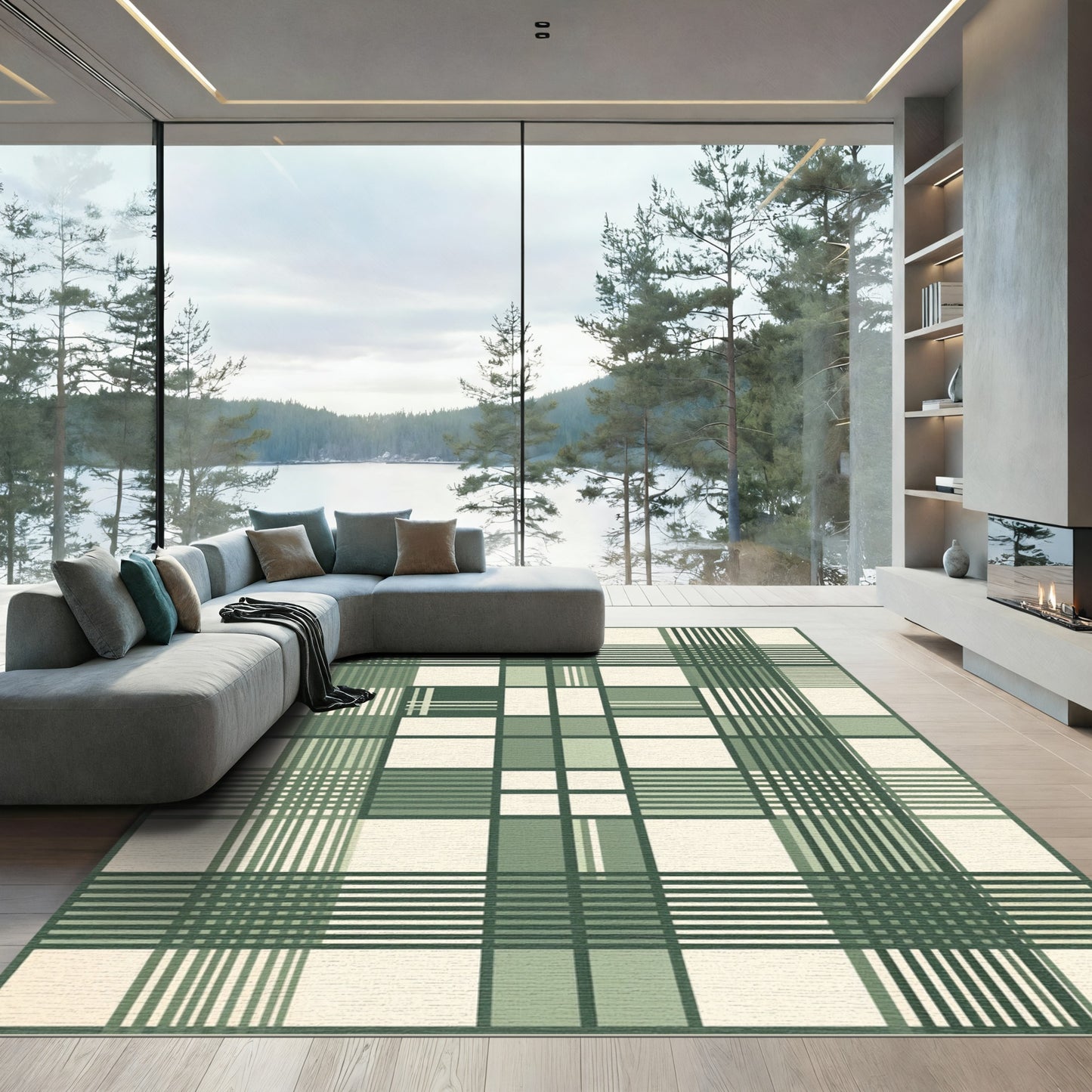Sage Green Grid Plaid Geometric Rug