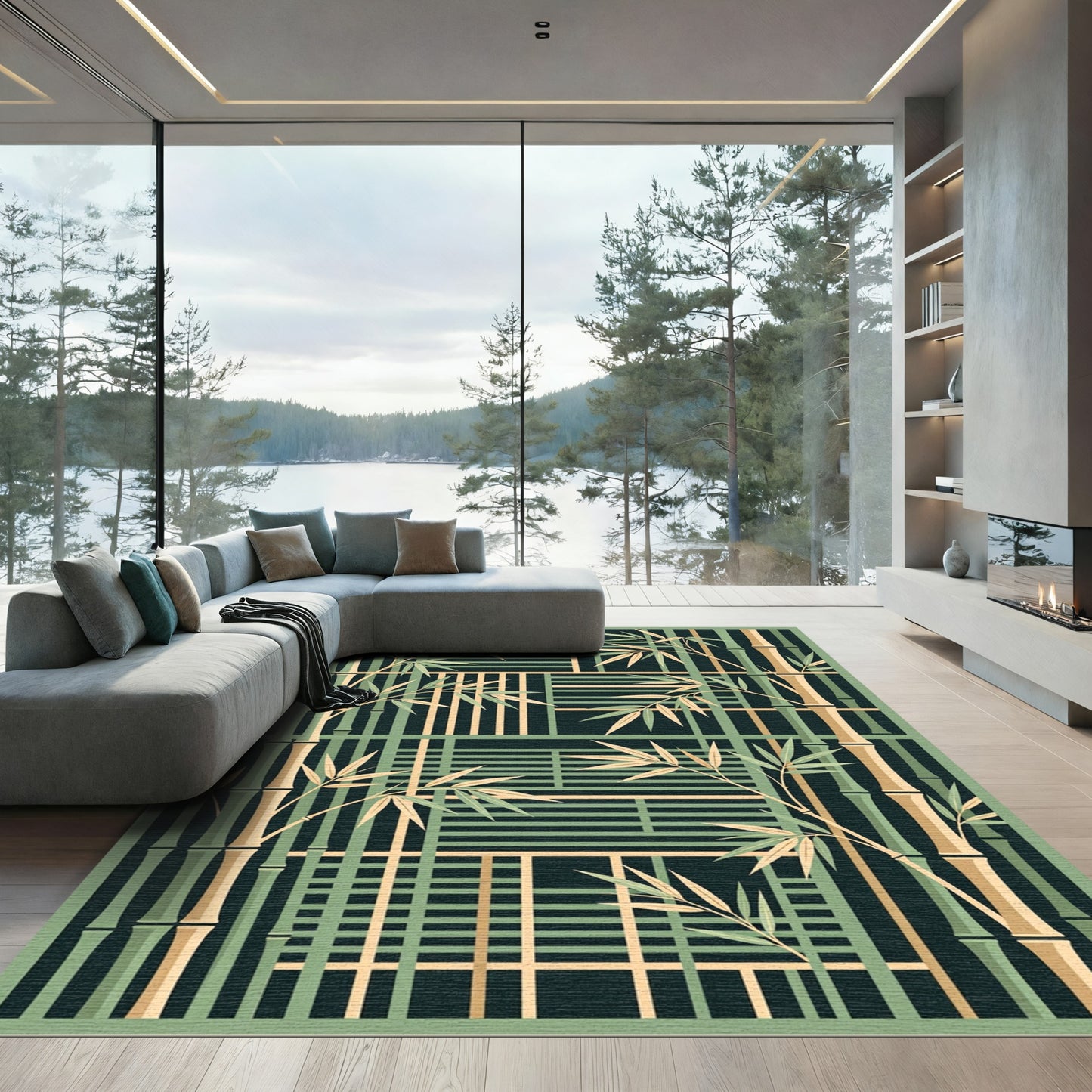 Zen Bamboo Forest Geometric Grid Rug