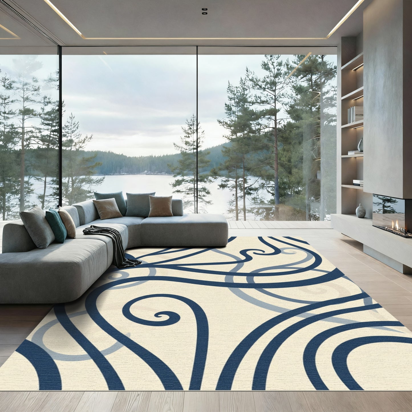 Navy Blue Swirl Abstract Cream Rug