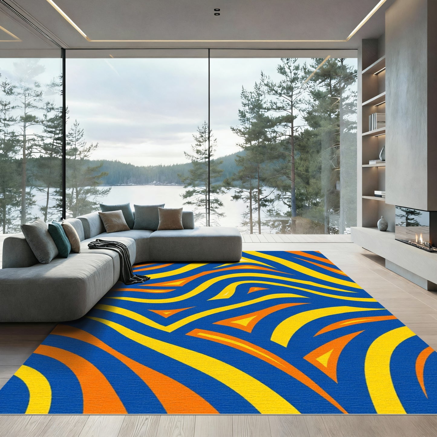 Vibrant Blue Yellow Orange Wavy Lines Rug
