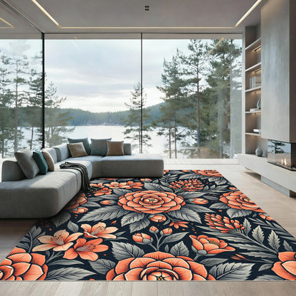 Coral Camellia Botanical Dark Floral Rug