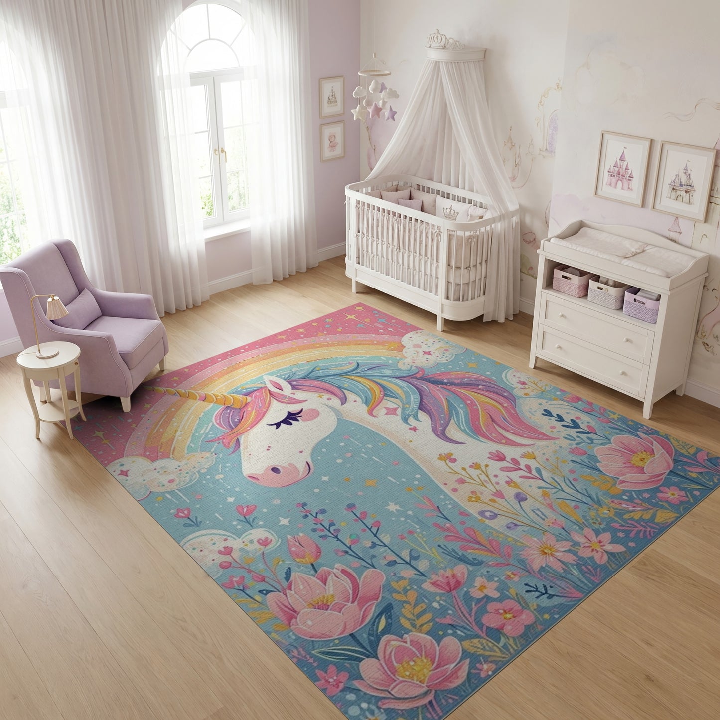 Whimsical Unicorn Rainbow Floral Stars Rug