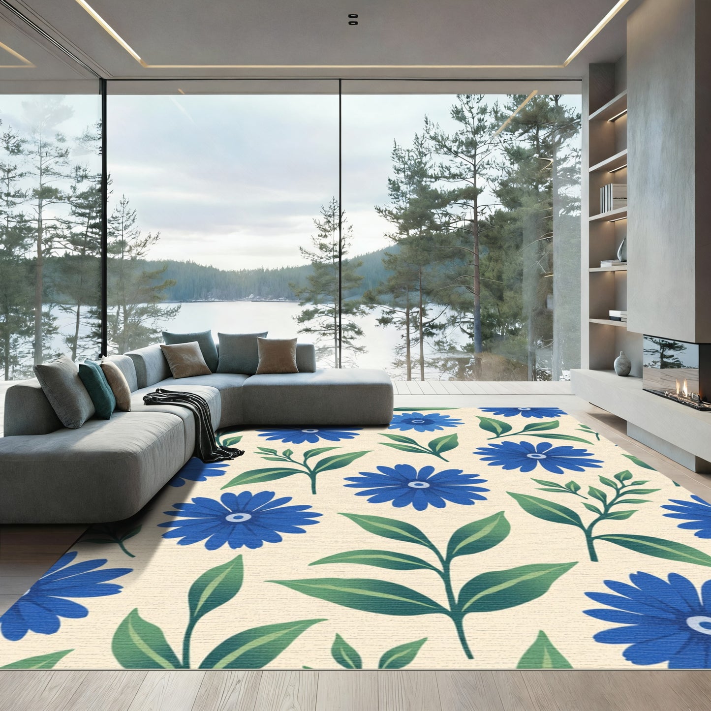 Bold Blue Daisy Floral Garden Rug