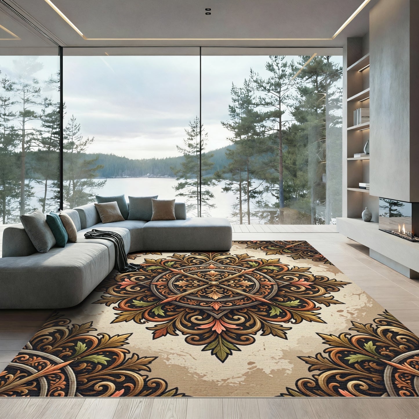 Ornate Damask Foliage Circular Medallion Rug