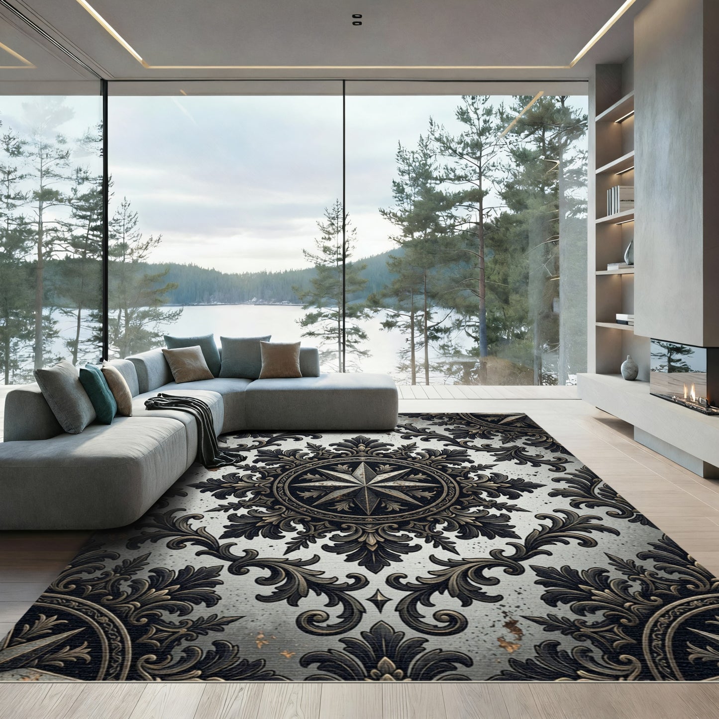 Ornate Metallic Compass Rose Medallion Rug