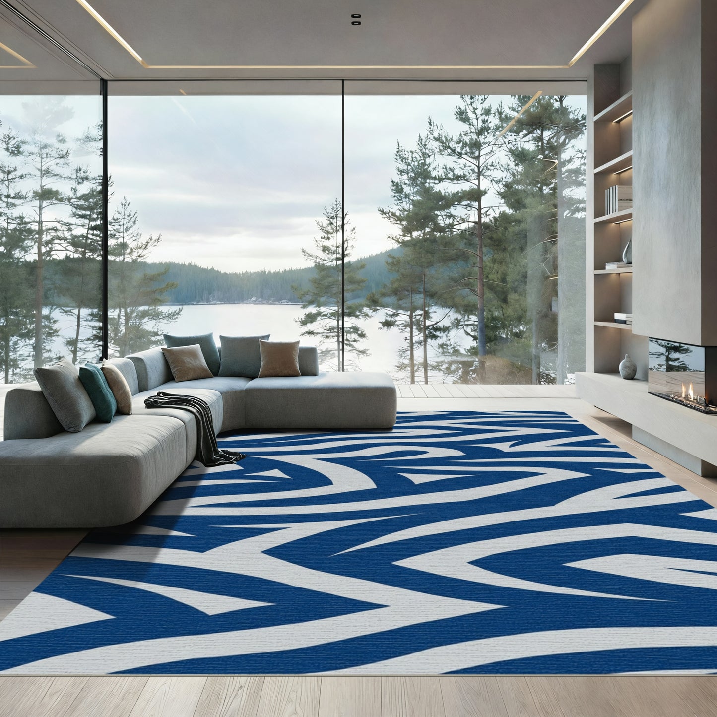 Deep Blue White Organic Wave Rug