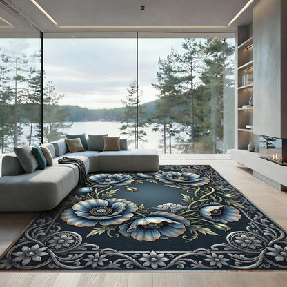 Vintage Blue Poppy Floral Wreath Rug