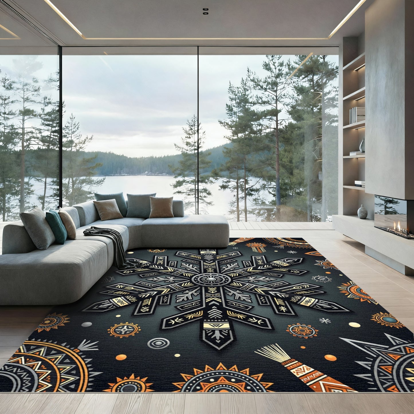 Tribal Charcoal Geometric Snowflake Medallion Rug