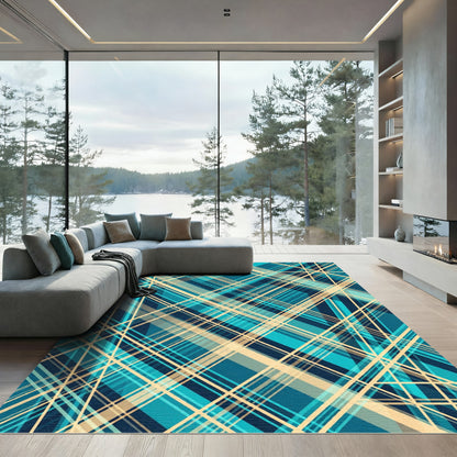 Aqua Tan Intersecting Plaid Lines Rug
