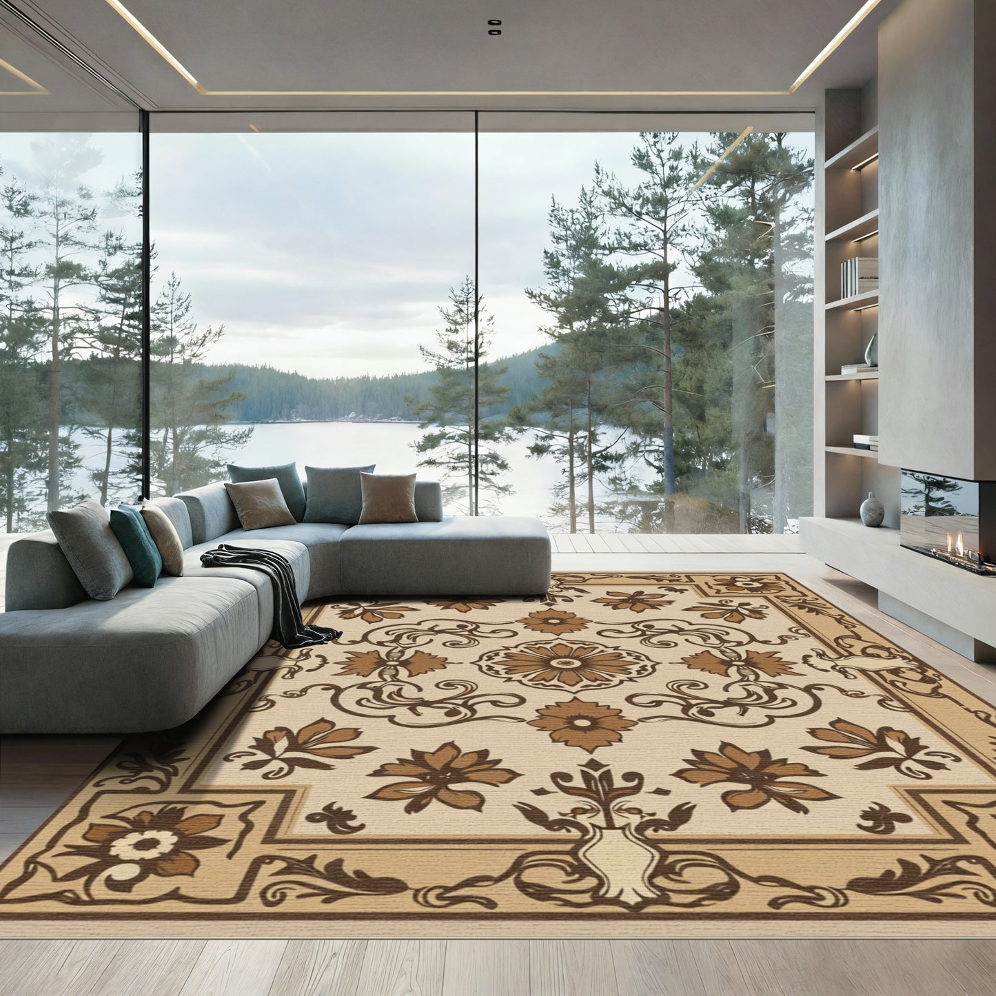 Terracotta Floral Scrollwork Square Rug