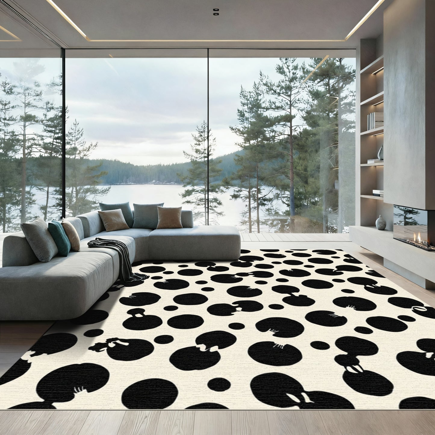 Abstract Black Dot Cream Ripple Rug