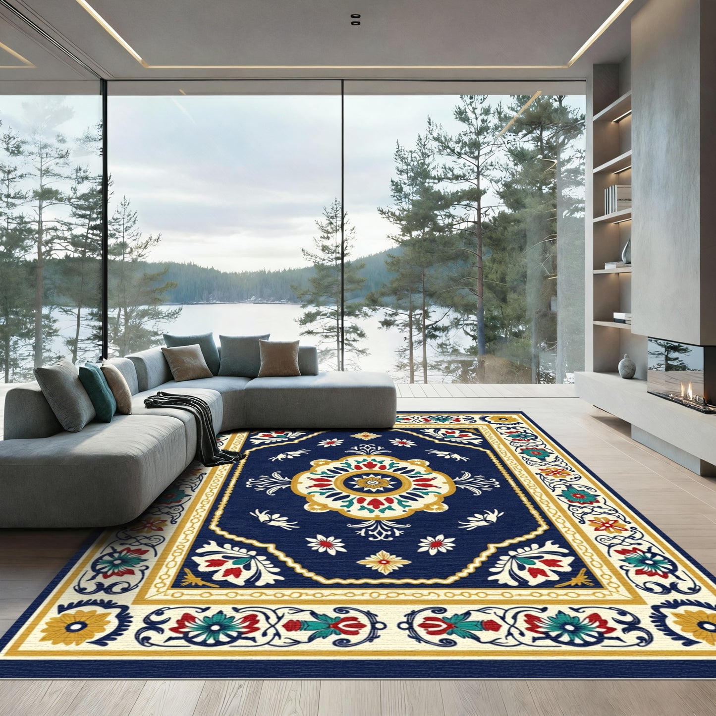 Navy Red Floral Medallion Sunburst Rug