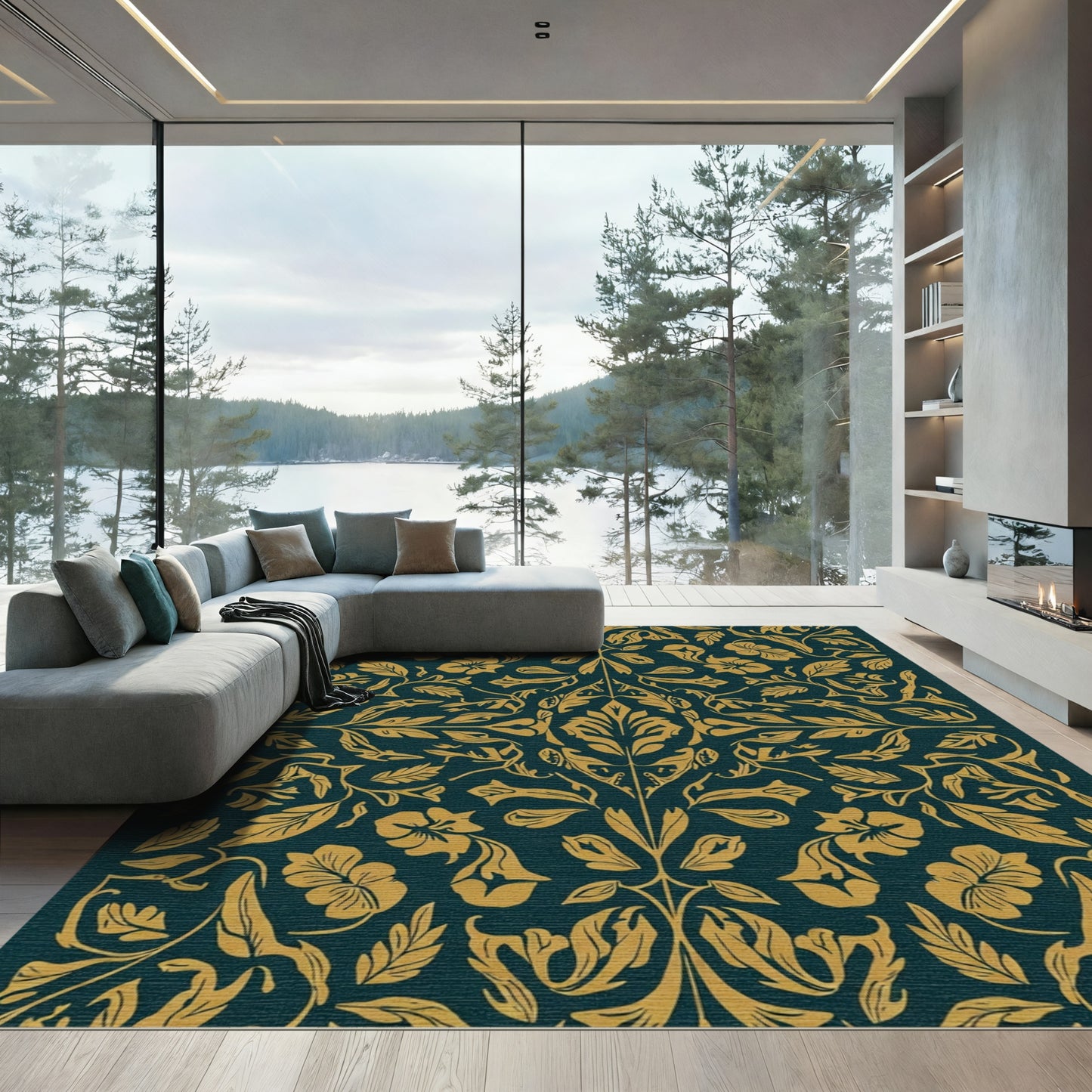 Ornate Teal Golden Floral Scroll Rug