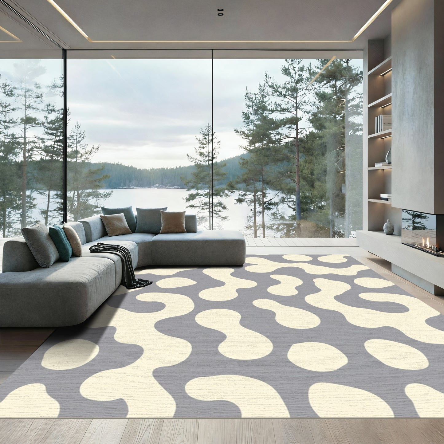Cream Organic Shapes Gray Background Rug