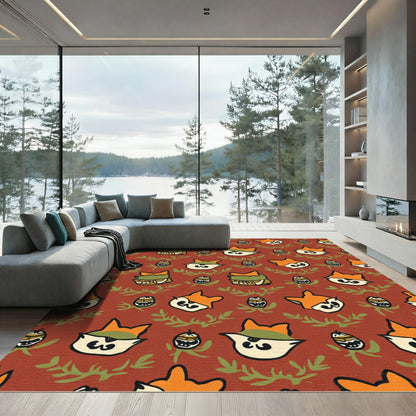 Whimsical Fox Faces Leafy Branches Rug