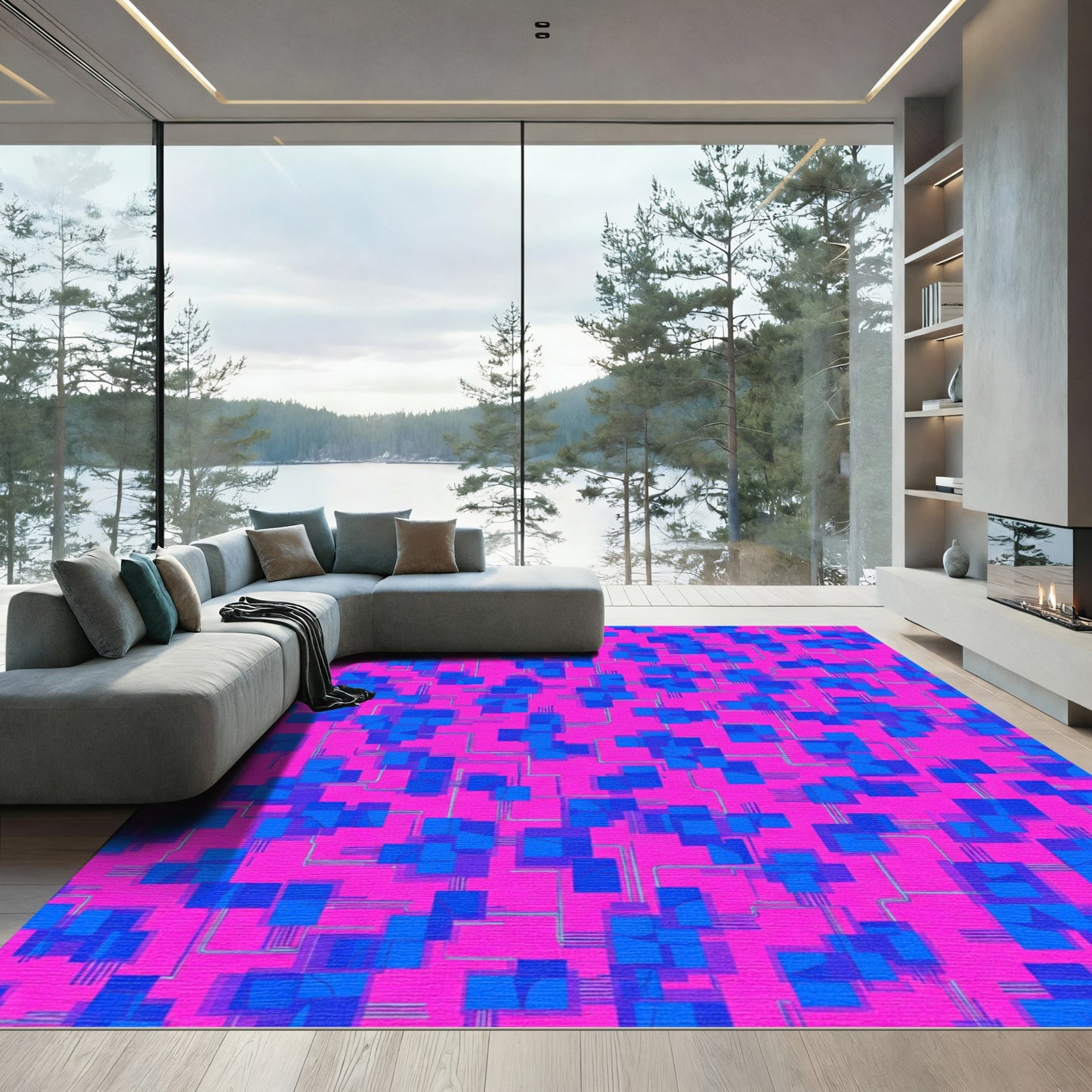 Bright Pink Blue Geometric Cubes Circuit Rug