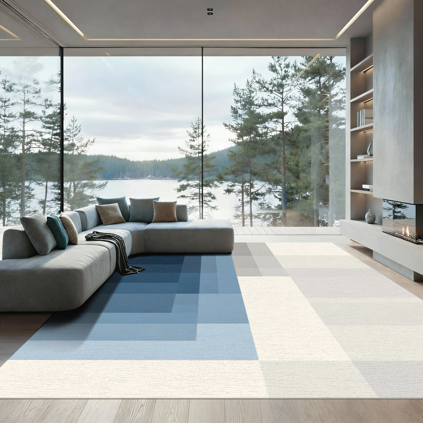 Deep Blue Gradual Geometric Blocks Rug