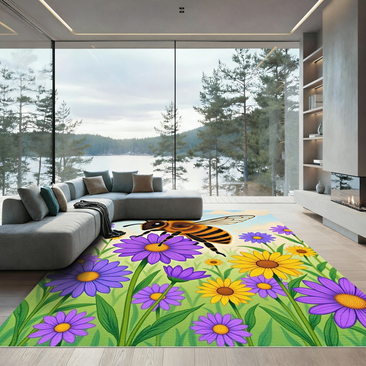 Whimsical Bee Purple Yellow Floral Garden Rug