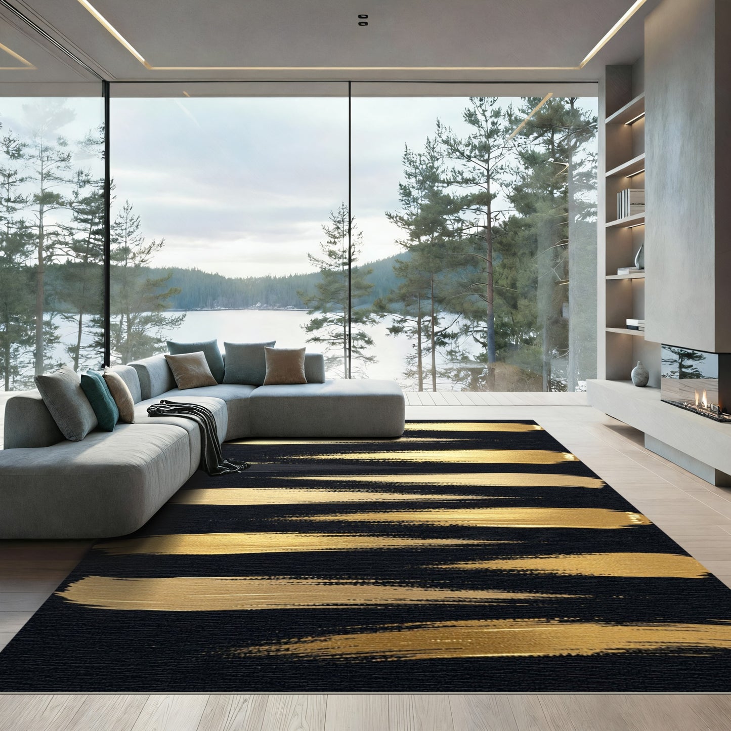 Modern Golden Abstract Brush Stroke Rug