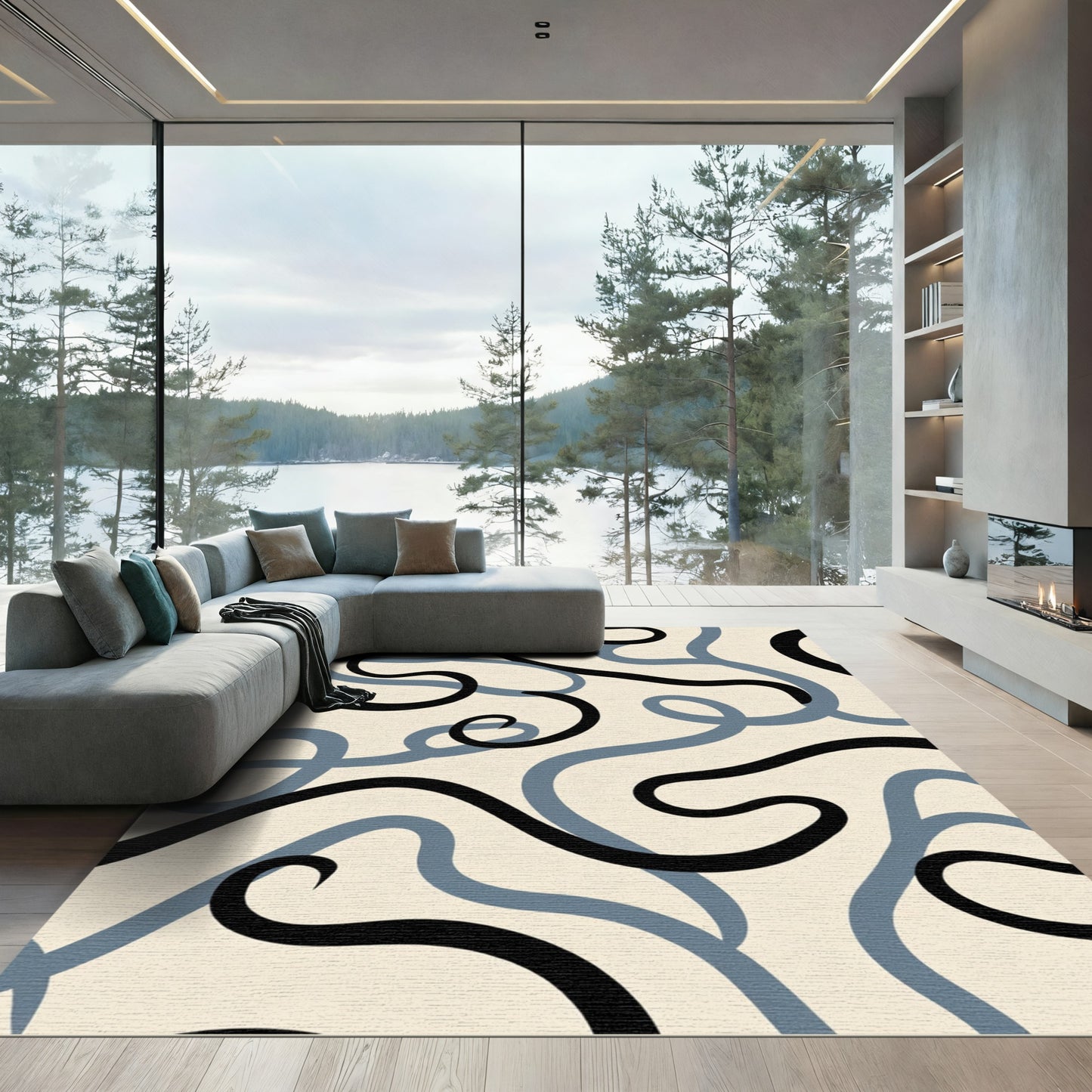 Abstract Black Gray Swirls Rug