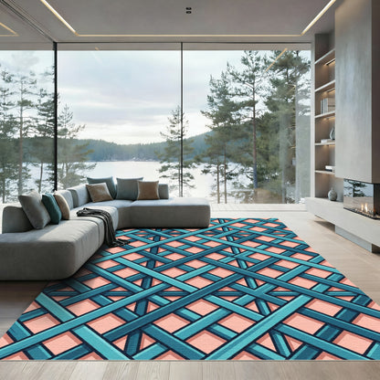 Teal Lattice Grid Layered Geometric Rug