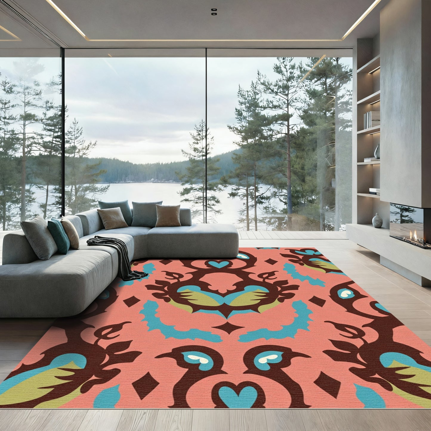Coral Abstract Floral Medallion Rug