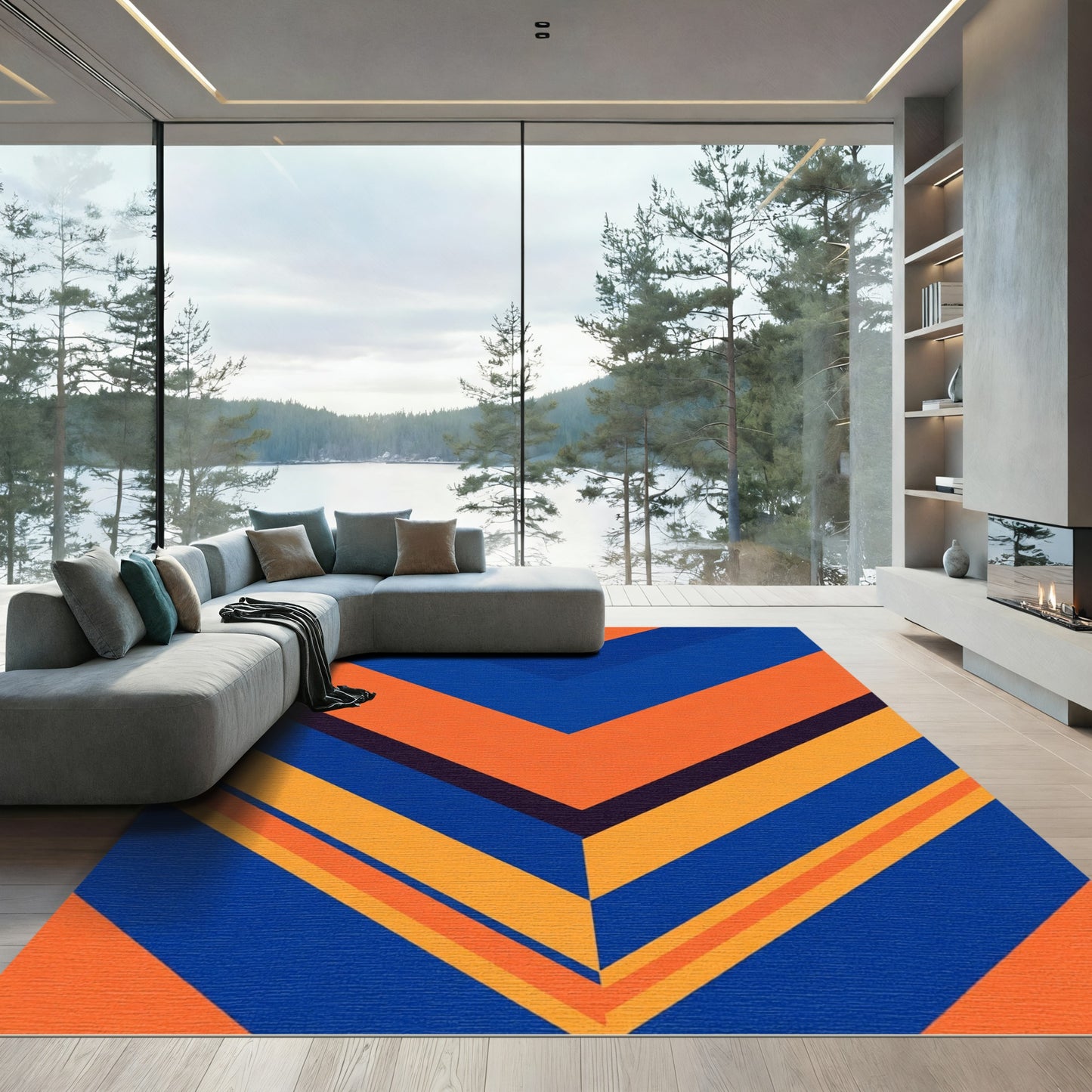 Bold Blue Orange Chevron Stripes Rug