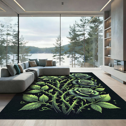 Gothic Green Rose and Thistle Botanical Rug