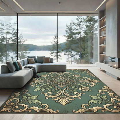 Sage Green Vintage Rose Damask Medallion Rug