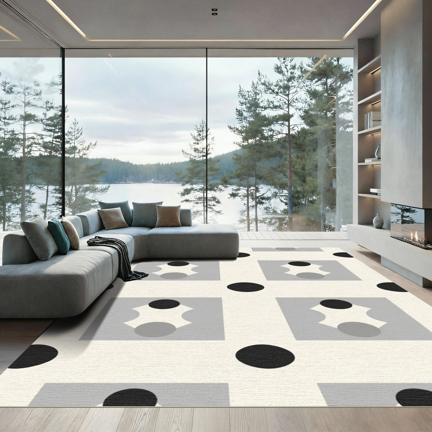Monochromatic Retro Grid Polka Dot Rug