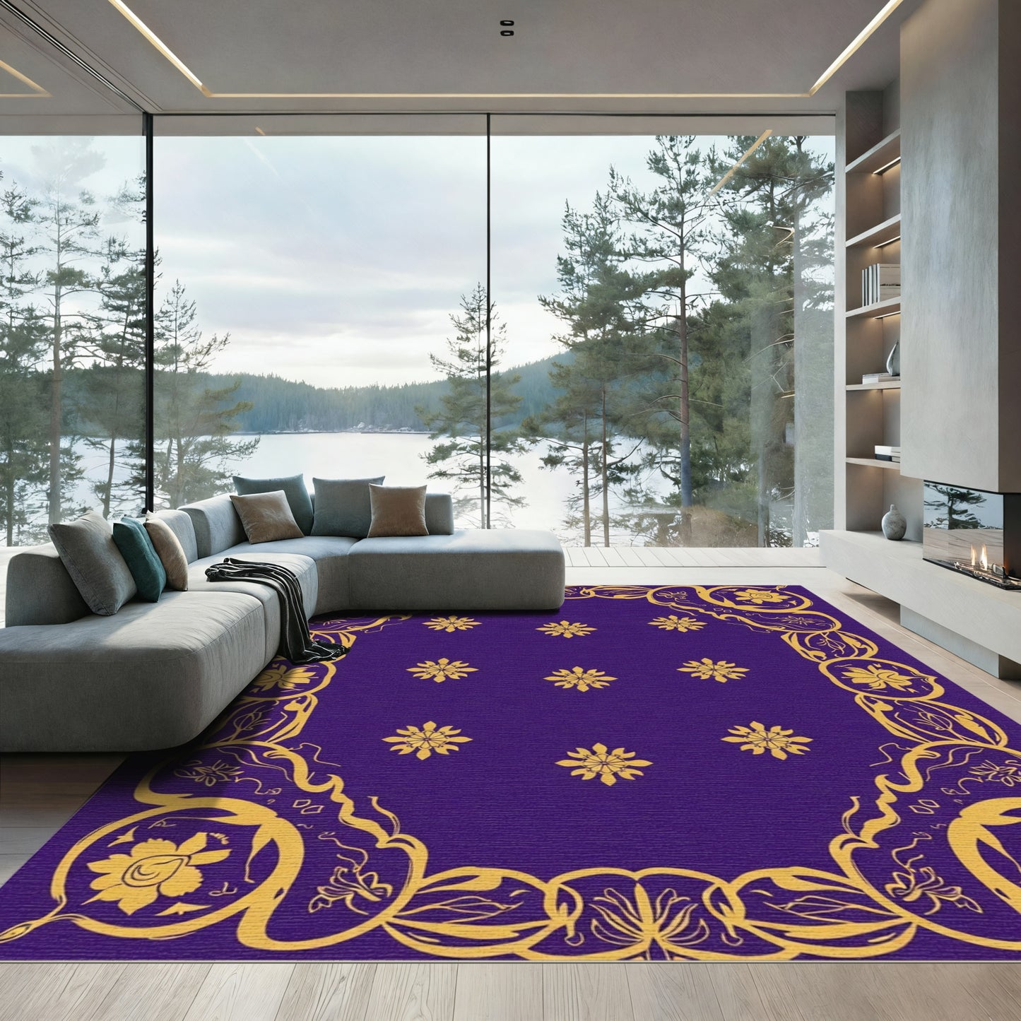 Royal Purple Golden Floral Scroll Rug