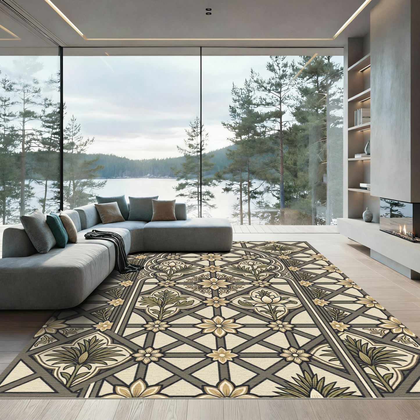 Geometric Floral Arch Beige and Green Rug