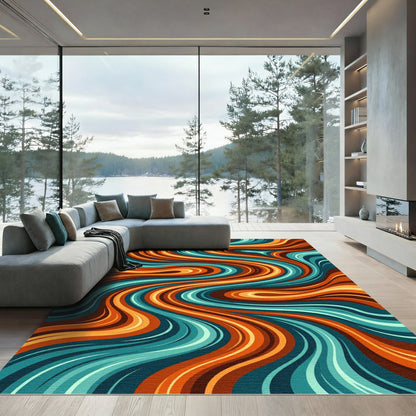 Modern Abstract Teal and Orange Swirl Rug