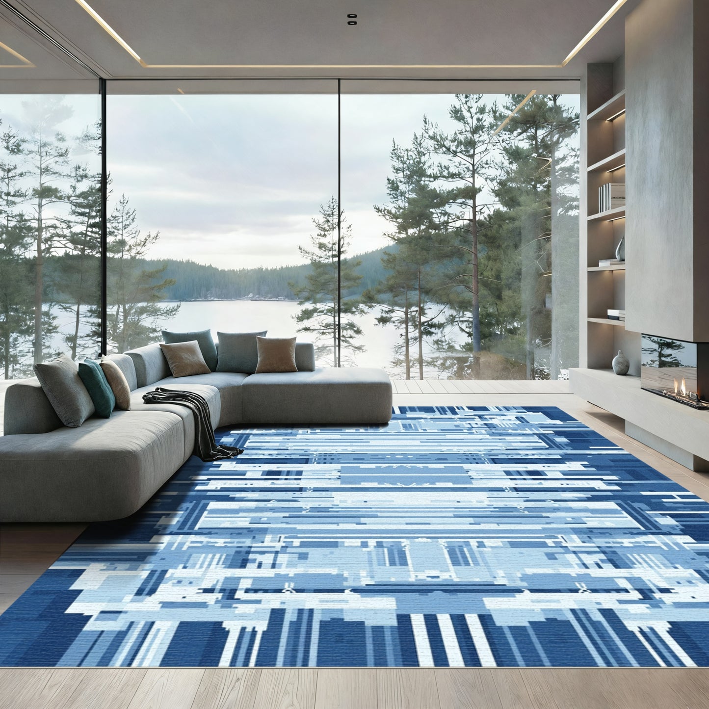 Linear Blue Abstract Architecture Rug