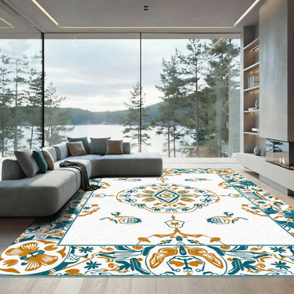 Teal Ochre Medallion Floral Rectangular Area Rug
