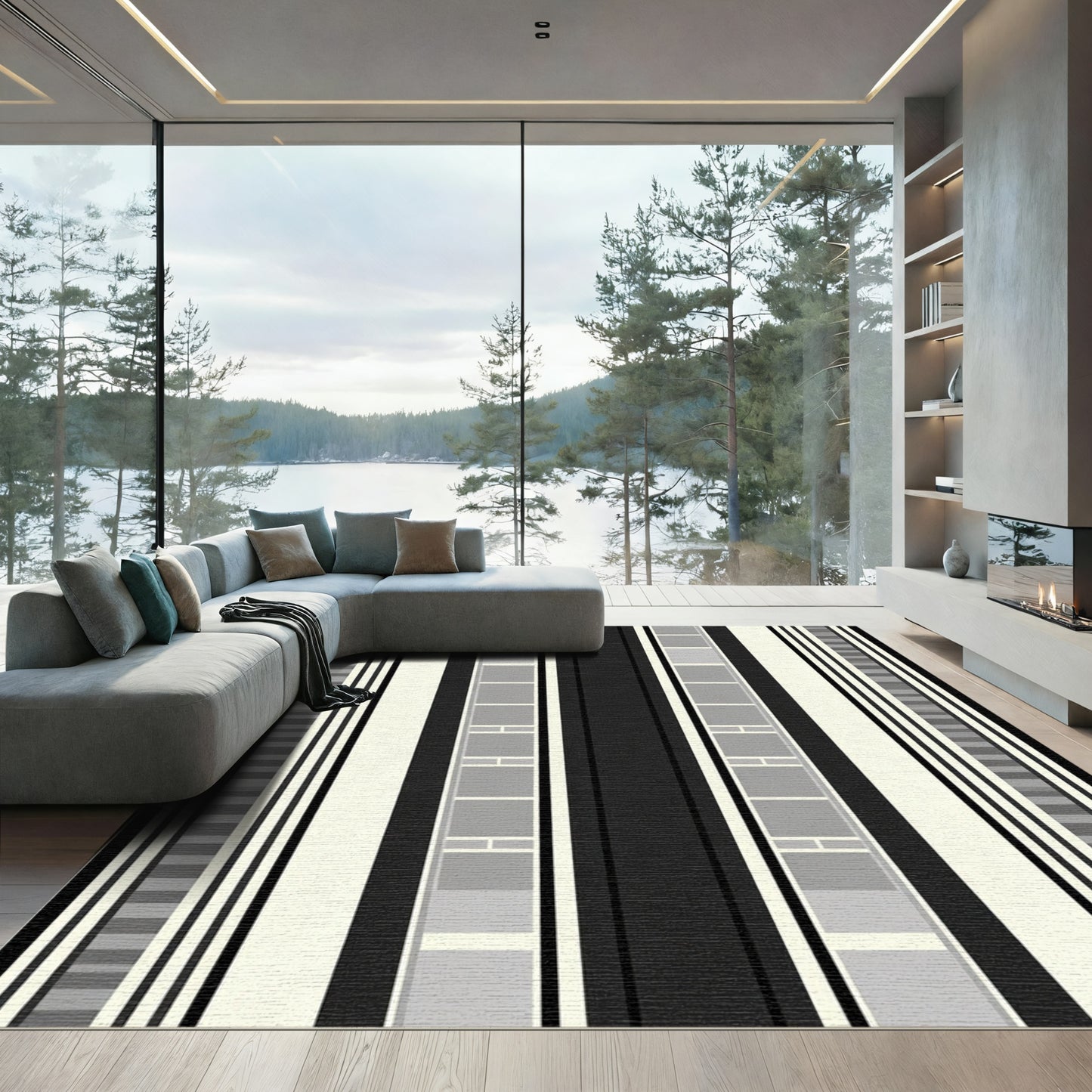 Monochrome Linear Block Grid Rug