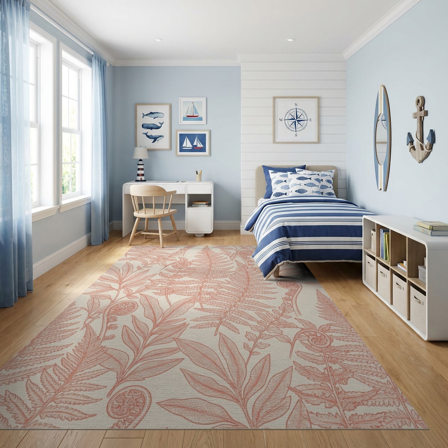 Coral Fern Fronds Fiddlehead Botanical Rug