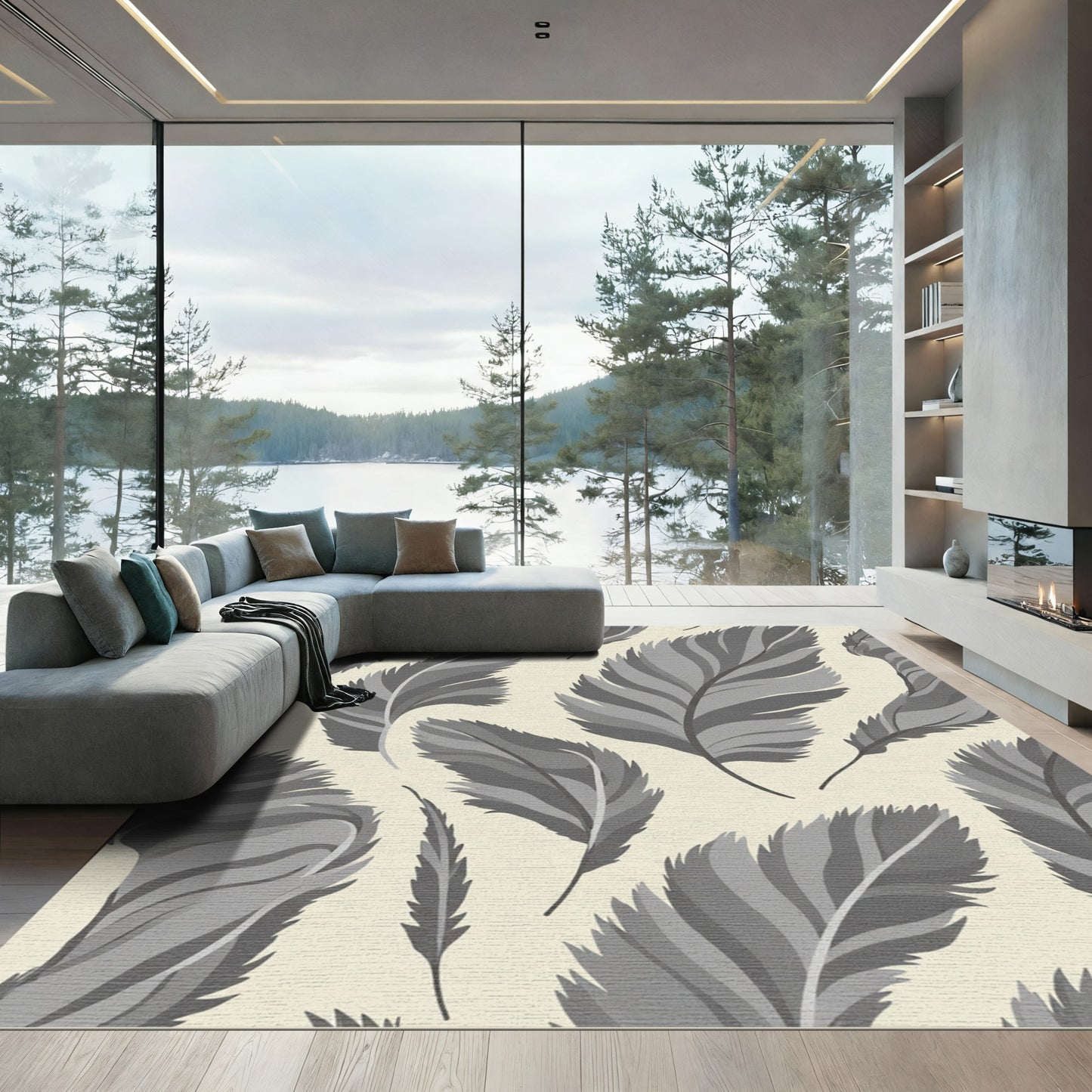 Gray Feathered Shapes Natural Background Rug
